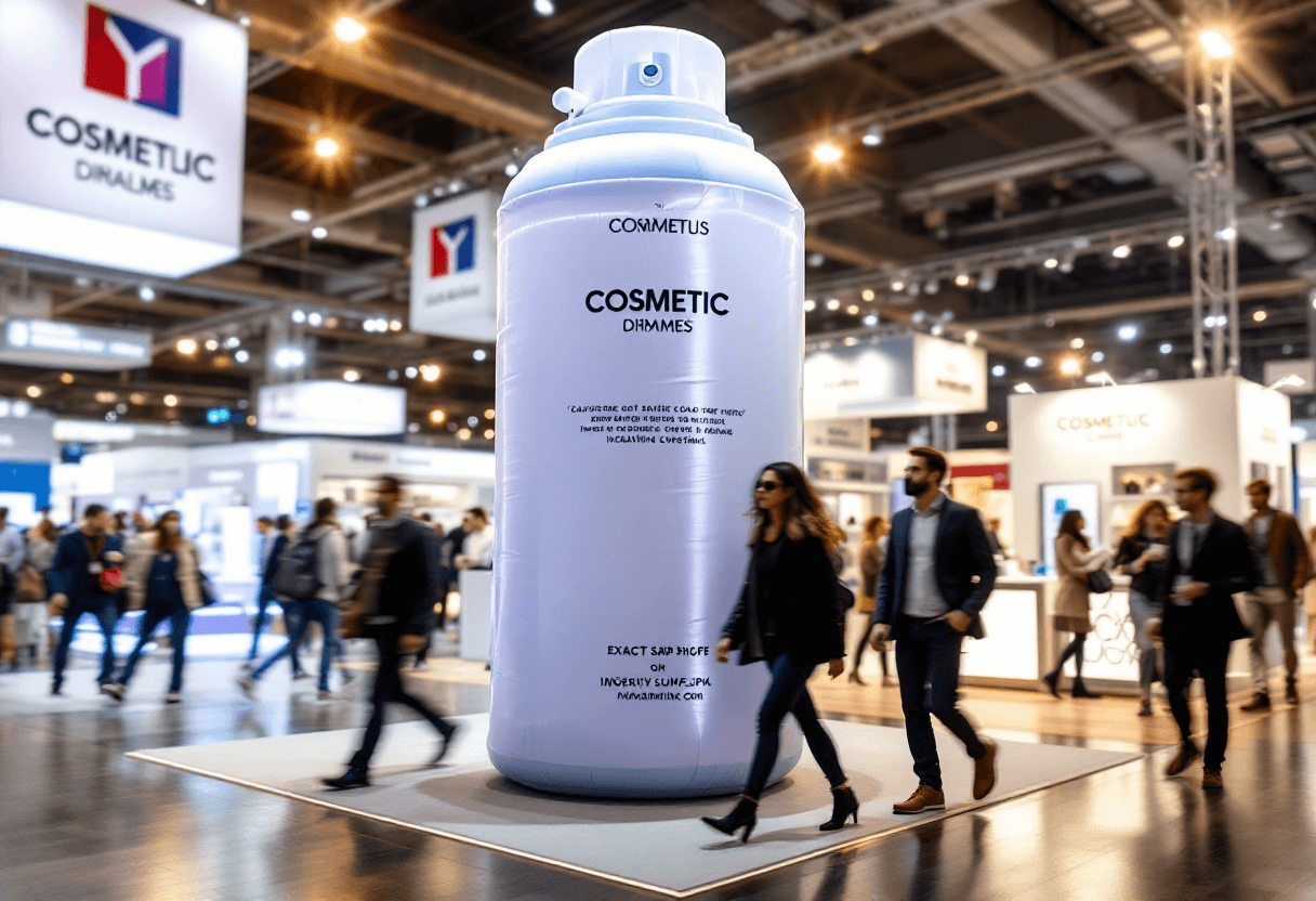 bombe cosmétique géante gonflable factice dans un stand salon